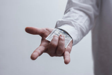 Close-up of a male hand pulling a dollar bill from the sleeve of a white shirt. Symbol of corruption, bribery, hidden transactions and secret paymentの写真素材