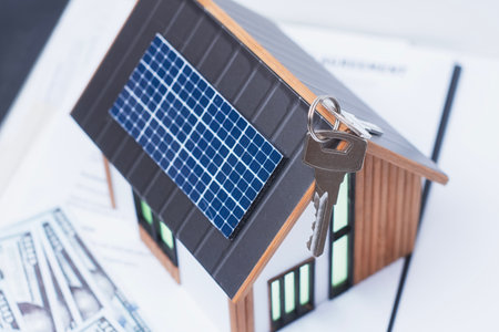 Miniature home with solar panels, keys and deeded dollars. Real estate deal concept, eco-friendly housing and green energy investmentの写真素材