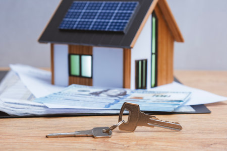 Miniature home with solar panels, keys and deeded dollars. Real estate deal concept, eco-friendly housing and green energy investmentの写真素材