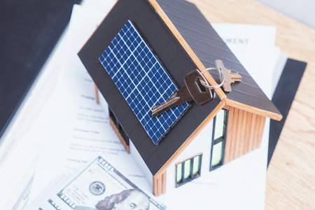 Miniature home with solar panels, keys and deeded dollars. Real estate deal concept, eco-friendly housing and green energy investmentの写真素材