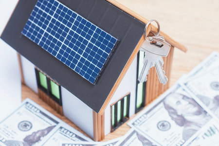 Miniature home with solar panels, keys and deeded dollars. Real estate deal concept, eco-friendly housing and green energy investmentの写真素材