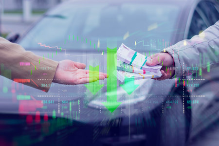 Two hands exchange a stack of cash in front of a car, overlaid with a vibrant stock market graph. Concept financial transactions and investmentの写真素材