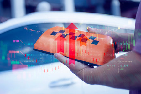 Roof top cab sign held by a man, with digital overlay of financial stock market charts and upward arrows. Concept of service growth and value add on taxiの写真素材