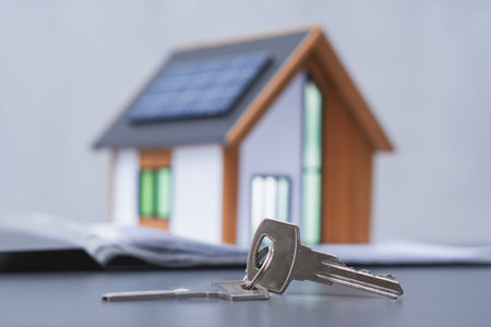 House keys with a model of a modern house with solar panels on the roof. Concept eco-friendly housing and energy efficiencyの写真素材