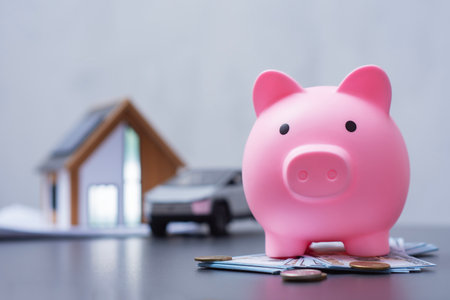 Pink piggy bank with US dollar and coins next to a miniature eco house with solar panels and an electric car model. Concept for financial goals, saving and sustainable livingの写真素材