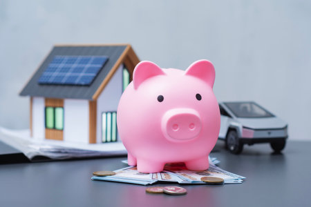 Pink piggy bank with US dollar and coins next to a miniature eco house with solar panels and an electric car model. Concept for financial goals, saving and sustainable livingの写真素材