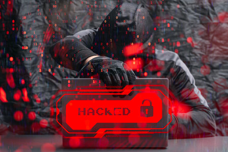 Hooded hacker at a laptop with a red glowing HACKED warning and a digital lock icon. Binary code overlays the scene, emphasizing the concept of data breach and cybercrimeの写真素材
