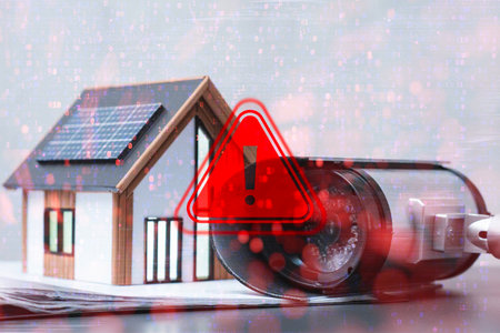 Red alert triangle over security camera, binary code overlay, and smart home in background. Concept of surveillance vulnerability, data privacy threats, and cyber attackの写真素材