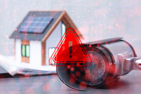 Red alert triangle over security camera, binary code overlay, and smart home in background. Concept of surveillance vulnerability, data privacy threats, and cyber attackの写真素材