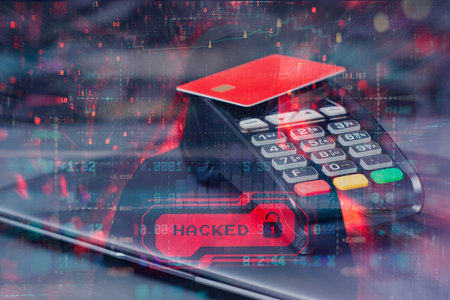 Point of sale terminal with laptop and red bank card and overlay of binary code and warning HACKED. Concept financial data breach or card fraudの写真素材