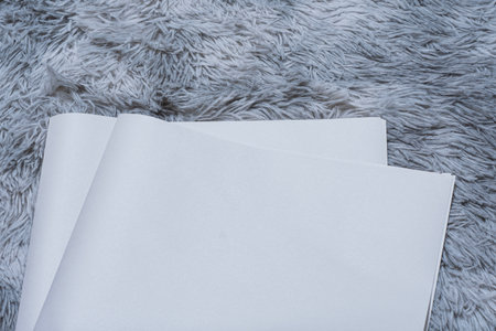 Two newspaper mockups with blank folded paper lying on a fluffy gray carpet. Layout for showcasing print layout and editorial designの写真素材