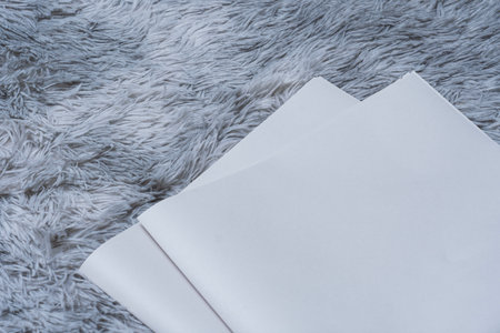 Two newspaper mockups with blank folded paper lying on a fluffy gray carpet. Layout for showcasing print layout and editorial designの写真素材