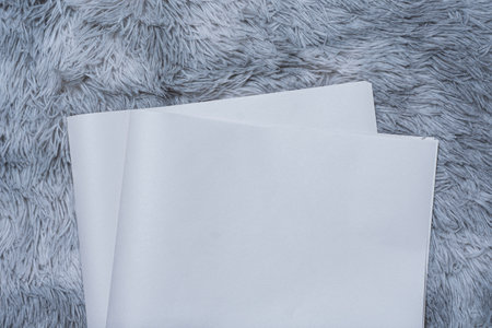 Two newspaper mockups with blank folded paper lying on a fluffy gray carpet. Layout for showcasing print layout and editorial designの写真素材