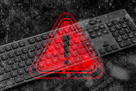 Black computer keyboard with a red warning triangle and exclamation mark overlay with digital binary code data. Concept cybersecurity threat, system hacking and online data breachの写真素材