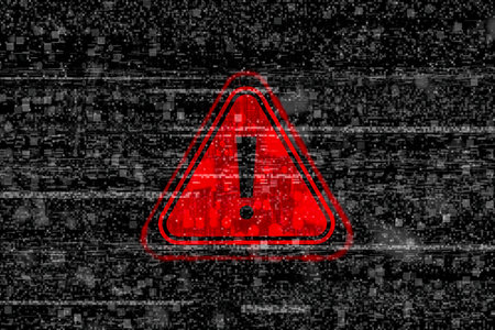 Cybersecurity warning with red warning symbol with digital glitch and binary code. Concept of cyberattacks, data breaches and information security threats.の写真素材