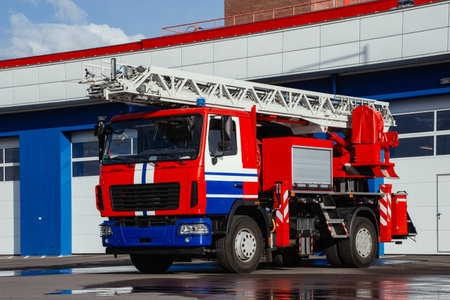 A vibrant red and white fire engine with an extended ladder is parked on a paved surface in front of...