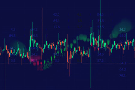 Abstract stock market chart with multicolored candlestick patterns and numeric overlays on a dark background. Concept for trading, investing, cryptocurrency markets and digital economy presentationsの写真素材