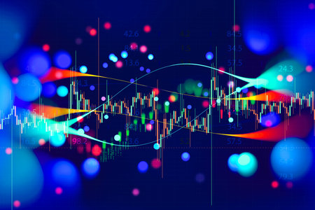 Abstract stock market chart with multicolored candlestick patterns and numeric overlays on a dark background. Concept for trading, investing, cryptocurrency markets and digital economy presentationsの写真素材