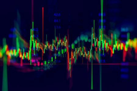 Abstract stock market chart with multicolored candlestick patterns and numeric overlays on a dark background. Concept for trading, investing, cryptocurrency markets and digital economy presentationsの写真素材