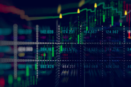Digital display of financial market data with green and red bar charts, numerical figures, and fluctuating lines, indicating real-time stock performance and market trendsの写真素材