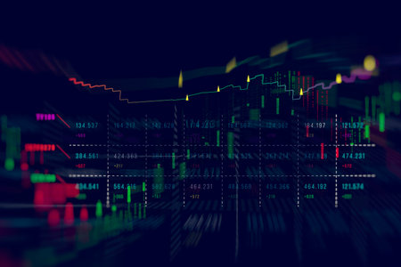 Digital display of financial market data with green and red bar charts, numerical figures, and fluctuating lines, indicating real-time stock performance and market trendsの写真素材