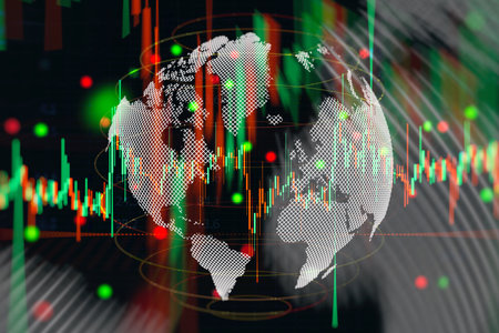 High-tech abstract background global financial market interface with world map and digital candlestick chart overlay. Concept for international economics, blockchain and cryptocurrency tradingの写真素材