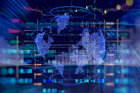 High-tech abstract background global financial market interface with world map and digital candlestick chart overlay. Concept for international economics, blockchain and cryptocurrency tradingの写真素材