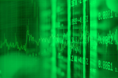 Dynamic financial background with green candlestick stock market chart, digital data, and binary code overlay. Concept for financial growth, positive stock market trends and investment successの写真素材