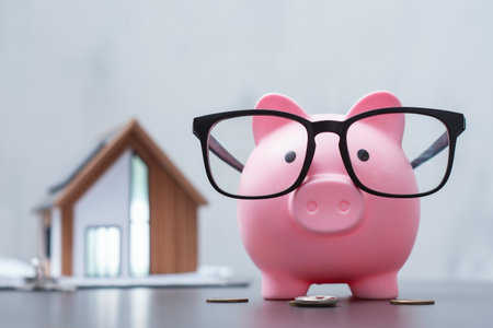 Real estate. Financial concept for home savings, mortgage and real estate investment. Concept with pink piggy bank with glasses a miniature eco-friendly house model with solar panels, keys, and coinsの写真素材