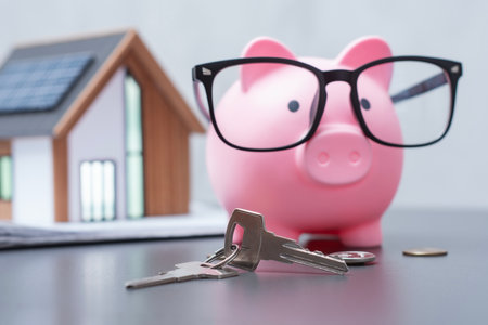 Real estate. Financial concept for home savings, mortgage and real estate investment. Concept with pink piggy bank with glasses a miniature eco-friendly house model with solar panels, keys, and coinsの写真素材