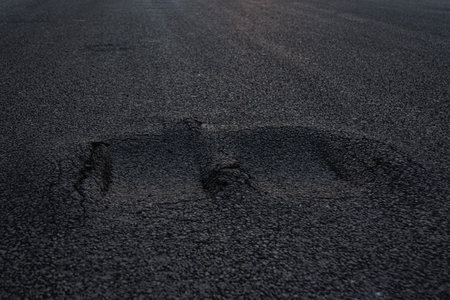 A close-up view of a cracked asphalt road with a prominent pothole. Surface damage under natural...