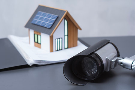 A security camera CCTV with miniature smart home model featuring solar panels. Concept modern home...
