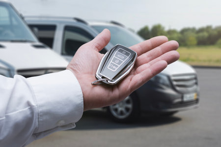 Businessman receives keys from cars next to a white premium car in the parking lot. The rental...