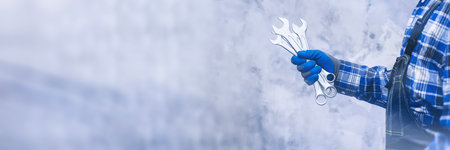 Close-up of worker's hand in blue glove holding several metal wrenches. Concept of repair, construction, maintenance and technical workの写真素材