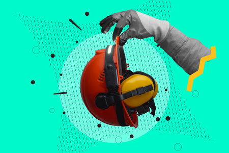 Creative art collage with safety helmet, protective earmuffs and worker glove. Modern abstract design for construction, repair, industry, workplace safety, engineering and labor dayの写真素材