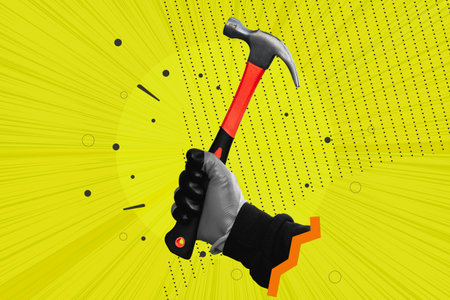 Creative pop art collage of a hand holding a hammer on a bright yellow background. Concept for construction, DIY, labor day and industrial safetyの写真素材