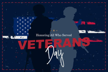 Vector banner with soldier silhouettes honoring veterans and fallen heroes. USA Veterans Day and national pride eventsのイラスト素材