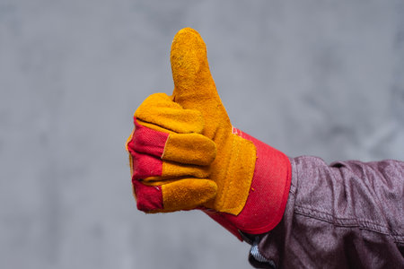 Close-up of a worker hand wearing a red and yellow protective glove showing a thumbs-up gesture. Concept approval, safety, success and positive work resultsの写真素材