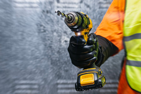 Close-up of a worker holding a yellow cordless drill with a drill bit, wearing protective gloves and safety vest. Concept of construction, power tools, and professional craftsmanshipの写真素材