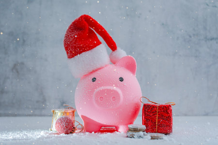 Pink piggy bank with Santa hat stands in a snowy holiday setting with Christmas decorations and gift boxes. Festive winter composition for savings, financial planning and holiday spendingの写真素材
