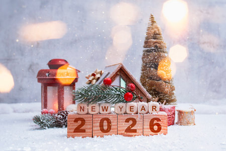 New Year festive composition with wooden cubes and New Year 2026 inscription. Christmas decorations, pine branches and snow. Winter background with lantern light and decorative house.の写真素材