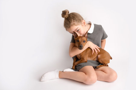 Attractive little girl in a strict school dress with a dwarf brown pinscher on a white background with empty copy space, admires a happy expression on her faceの写真素材