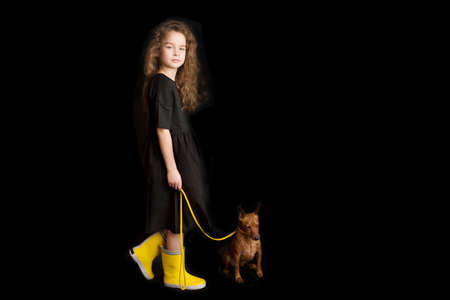 Little girl with dog, black and yellow clothes. Black background. Studio shooting. Baby pets concept. Happy childhoodの写真素材