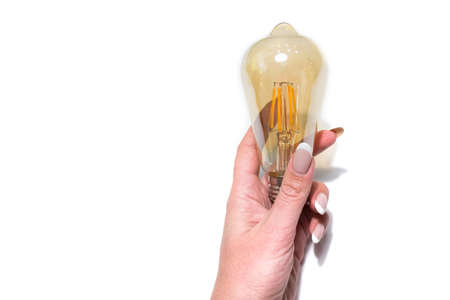 Electric diode light bulb in hand, isolated on white studio background.の写真素材