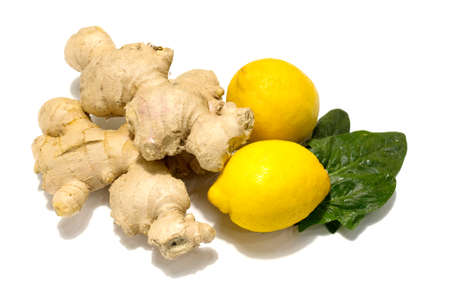 Fresh ginger rhizome with two whole lemons and fresh green mint leaves. Isolated on white background.の写真素材