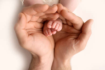 Childrens feet in hold hands of father on white. Father and newborn Child. Happy Family people concept.の写真素材