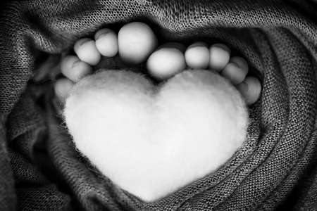 Feet of a newborn with a wooden heart, wrapped in a soft blanket. Black and white studio photography.の写真素材