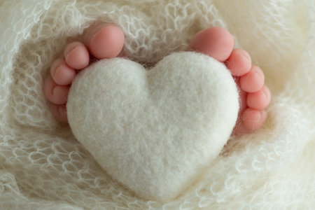 Two cute tiny baby feet wrapped in white knitted blanket. And a knitted heart made of woolen threads.の写真素材