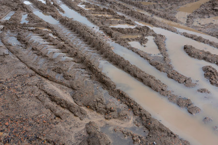 Tire track on muddy roadの写真素材