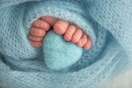 Two cute tiny baby feet wrapped in a blue-green aqua knitted blanket. And a knitted heart made of woolen threads.の写真素材